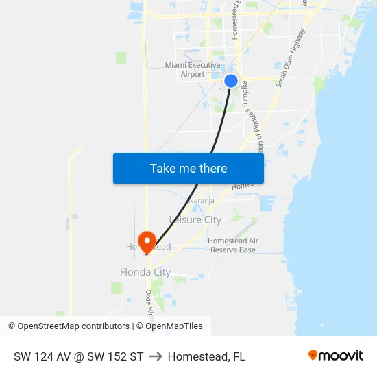 Sw 124 Av @ Sw 152 St to Homestead, FL map