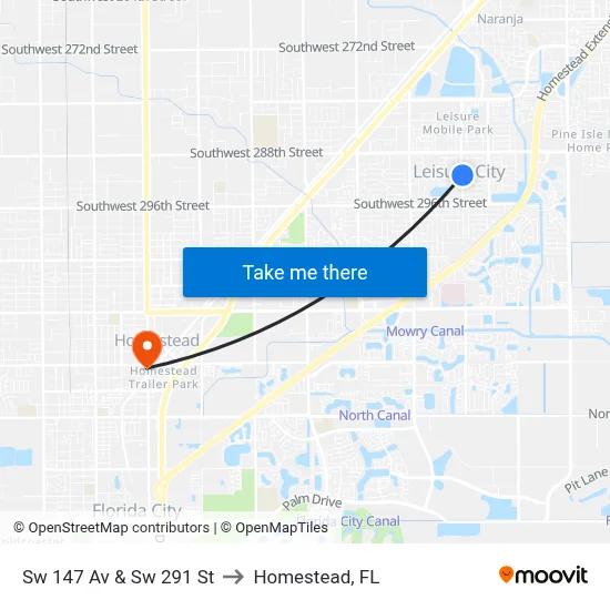 Sw 147 Av & Sw 291 St to Homestead, FL map