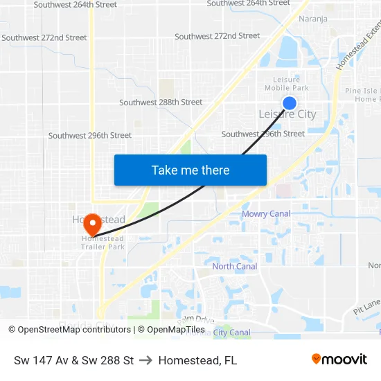 Sw 147 Av & Sw 288 St to Homestead, FL map
