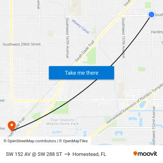 Sw 152 Av @ Sw 288 St to Homestead, FL map