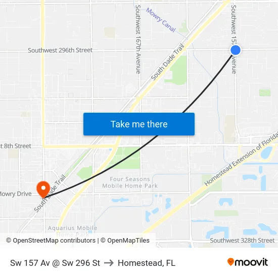 Sw 157 Av @ Sw 296 St to Homestead, FL map