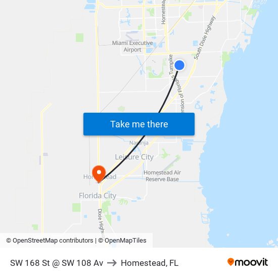 SW 168 St @ SW 108 Av to Homestead, FL map