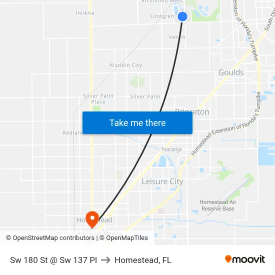Sw 180 St @ Sw 137 Pl to Homestead, FL map