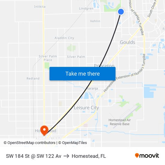 SW 184 St @ SW 122 Av to Homestead, FL map