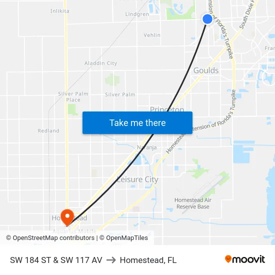 Sw 184 St & Sw 117 Av to Homestead, FL map