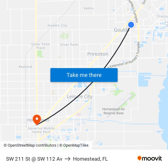 SW 211 St @ SW 112 Av to Homestead, FL map