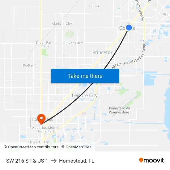 Sw 216 St & Us 1 to Homestead, FL map
