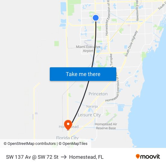 SW 137 Av @ SW 72 St to Homestead, FL map