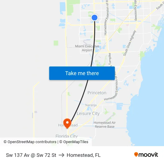 Sw 137 Av @ Sw 72 St to Homestead, FL map