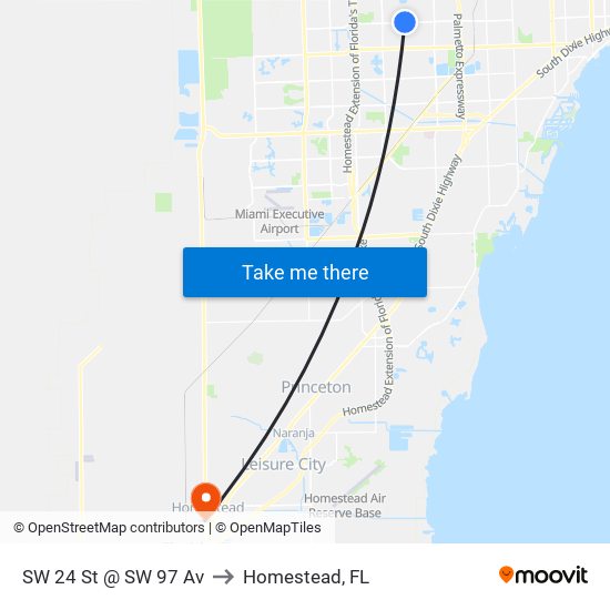 SW 24 St @ SW 97 Av to Homestead, FL map