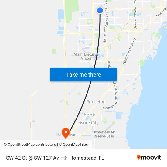 SW 42 St @ SW 127 Av to Homestead, FL map