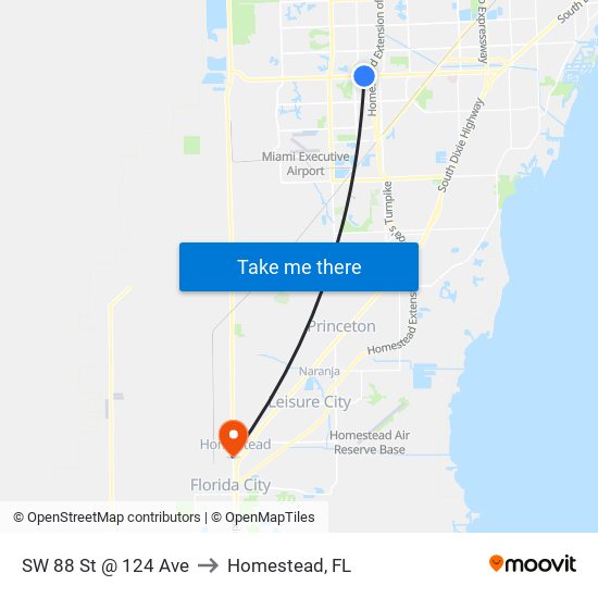 SW 88 St @ 124 Ave to Homestead, FL map