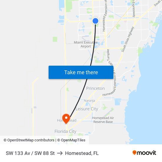 SW 133 Av / SW 88 St to Homestead, FL map