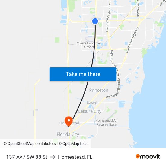 137 Av / SW 88 St to Homestead, FL map