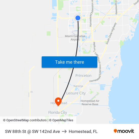 SW 88th St @ SW 142nd Ave to Homestead, FL map