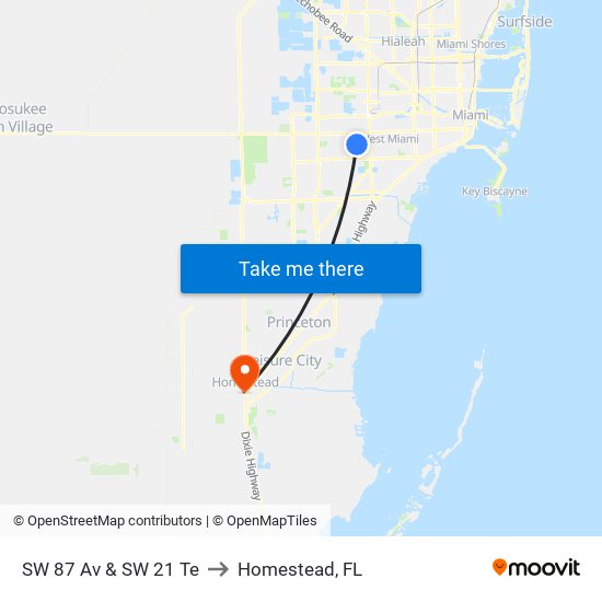 SW 87 Av & SW 21 Te to Homestead, FL map