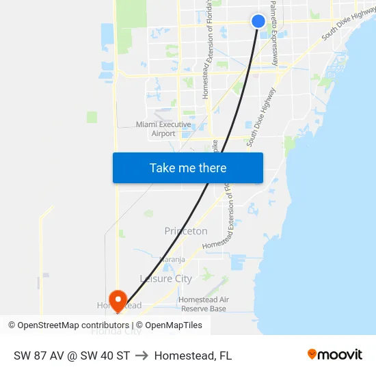 Sw 87 Av @ Sw 40 St to Homestead, FL map
