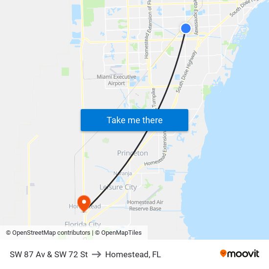 SW 87 Av & SW 72 St to Homestead, FL map