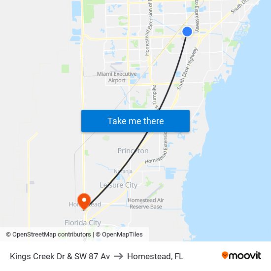 Kings Creek Dr & SW 87 Av to Homestead, FL map