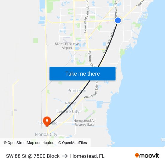 SW 88 St @ 7500 Block to Homestead, FL map