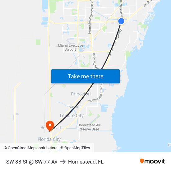 SW 88 St @ SW 77 Av to Homestead, FL map