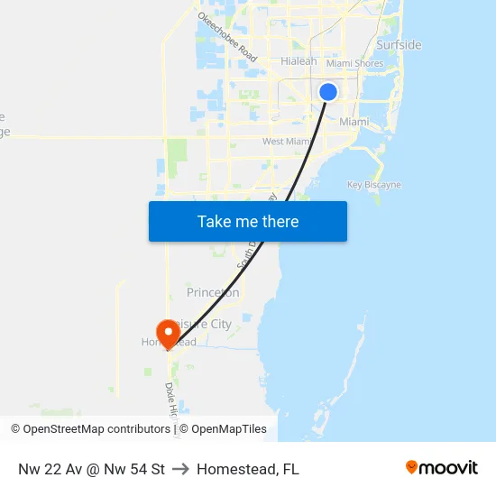 Nw 22 Av @ Nw 54 St to Homestead, FL map
