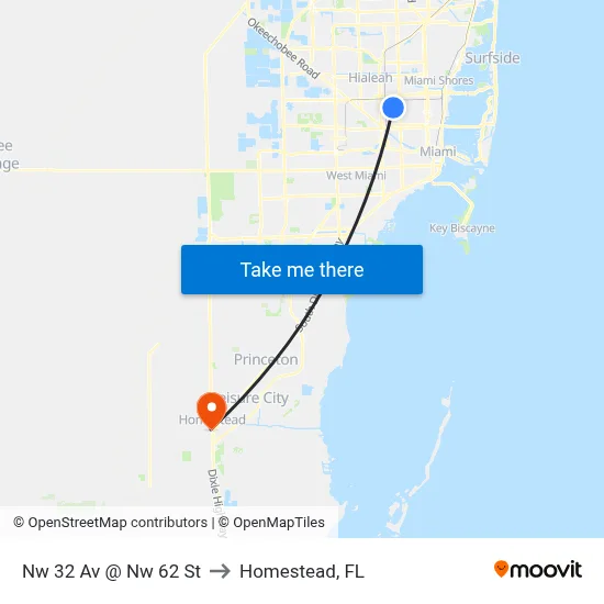 Nw 32 Av @ Nw 62 St to Homestead, FL map