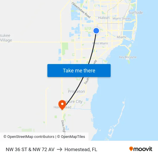 Nw 36 St & Nw 72 Av to Homestead, FL map