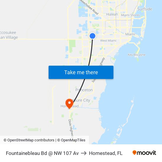 Fountainebleau Bd @ NW 107 Av to Homestead, FL map
