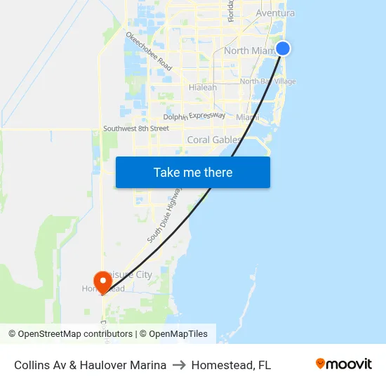 Collins Av & Haulover Marina to Homestead, FL map