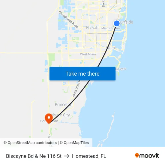 Biscayne Bd & Ne 116 St to Homestead, FL map