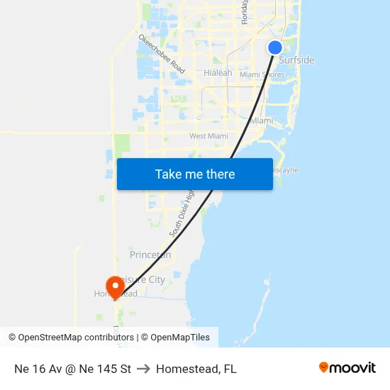 Ne 16 Av @ Ne 145 St to Homestead, FL map