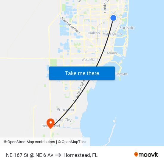 NE 167 St @ NE 6 Av to Homestead, FL map