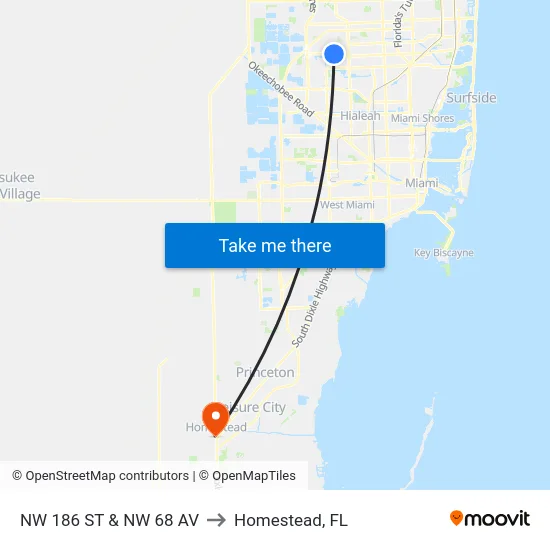 Nw 186 St & Nw 68 Av to Homestead, FL map