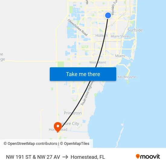 Nw 191 St & Nw 27 Av to Homestead, FL map