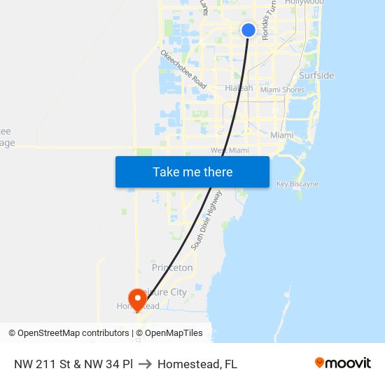 NW 211 St & NW 34 Pl to Homestead, FL map