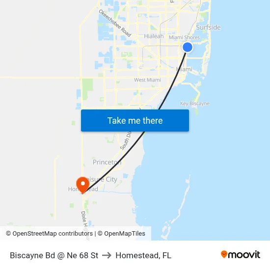 Biscayne Bd @ Ne 68 St to Homestead, FL map