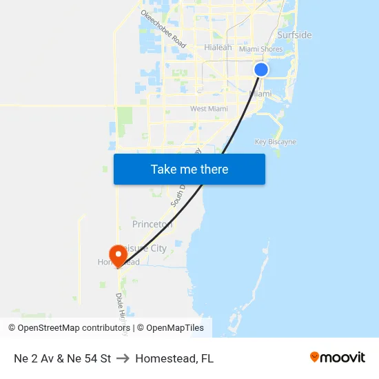 Ne 2 Av & Ne 54 St to Homestead, FL map