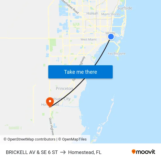 Brickell Av & Se 6 St to Homestead, FL map