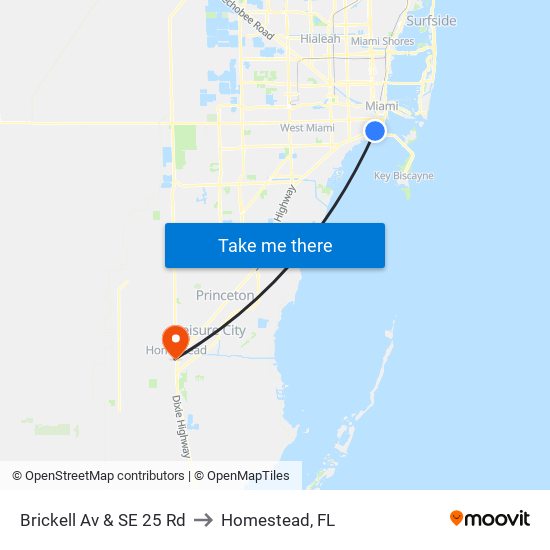 Brickell Av & SE 25 Rd to Homestead, FL map