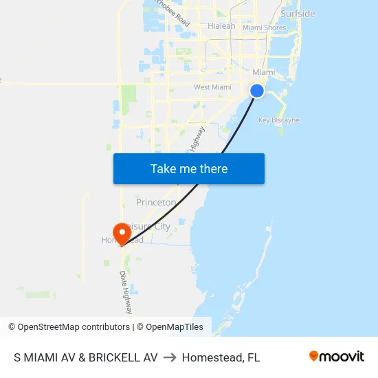 S Miami Av & Brickell Av to Homestead, FL map