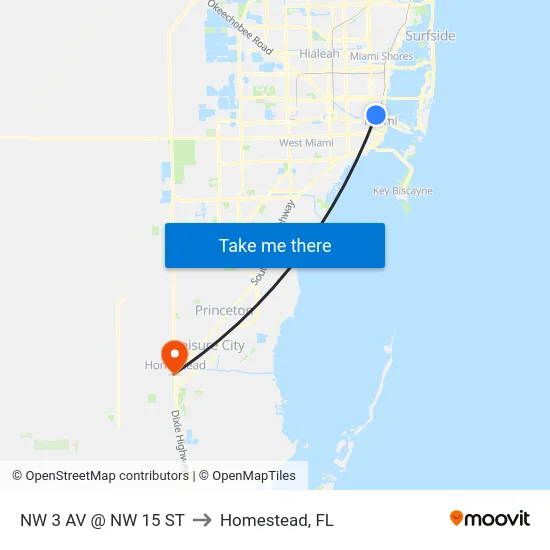 Nw 3 Av @ Nw 15 St to Homestead, FL map