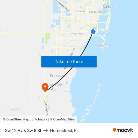 Sw 12 Av & Sw 8 St to Homestead, FL map