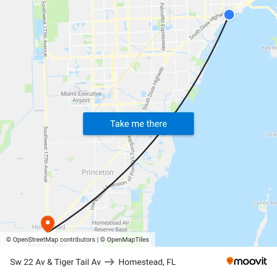 Sw 22 Av & Tiger Tail Av to Homestead, FL map