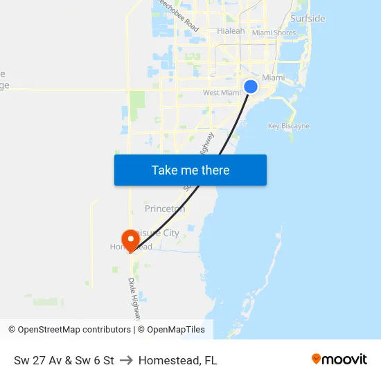 Sw 27 Av & Sw 6 St to Homestead, FL map