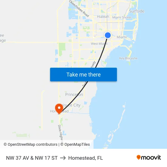 Nw 37 Av & Nw 17 St to Homestead, FL map