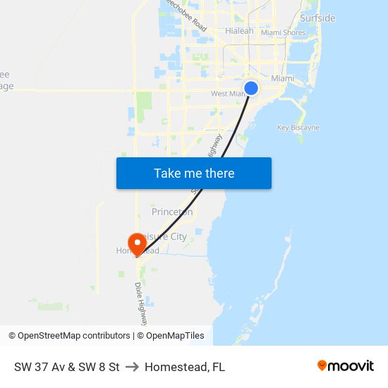 SW 37 Av & SW 8 St to Homestead, FL map