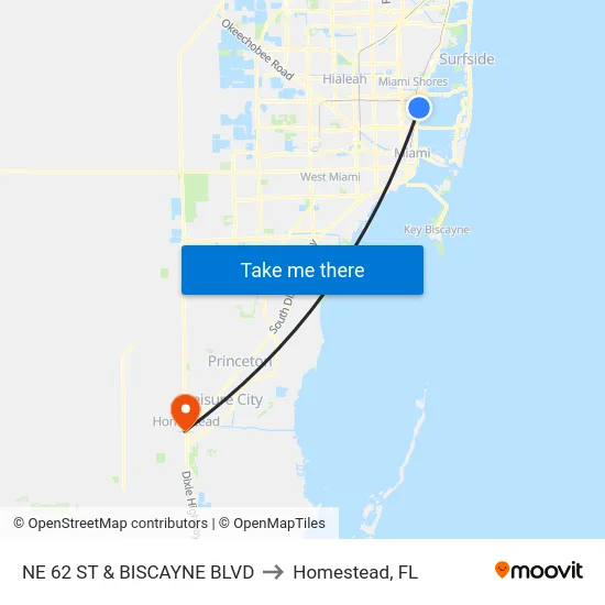 Ne 62 St & Biscayne Blvd to Homestead, FL map