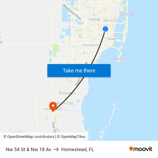 Nw 54 St & Nw 18 Av to Homestead, FL map