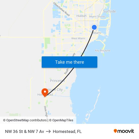 NW 36 St & NW 7 Av to Homestead, FL map